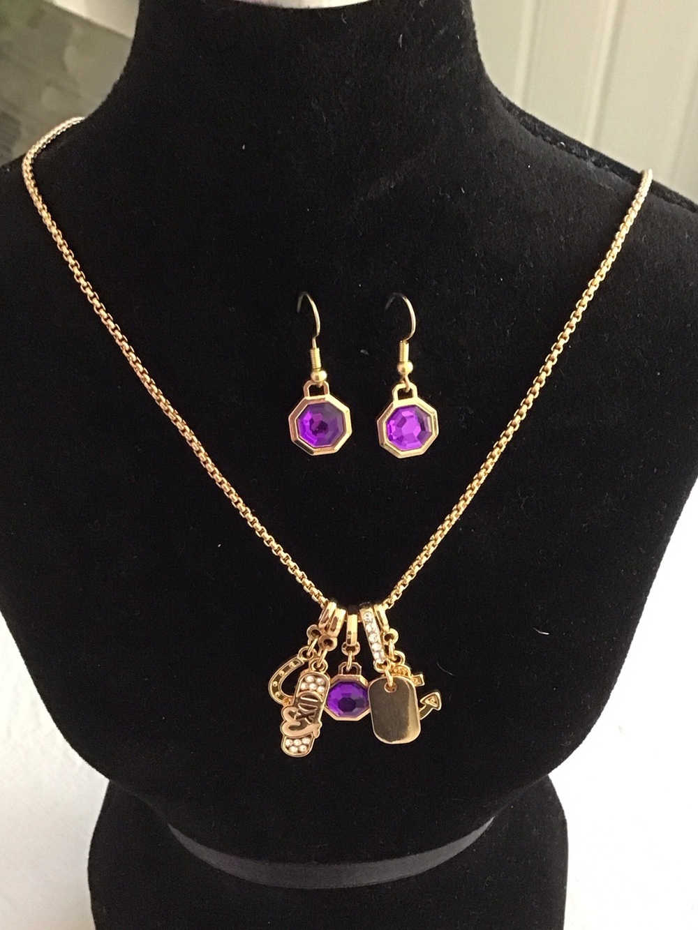 Effy Gold-Tone Charm Necklace with Purple Crystal Drop Earrings